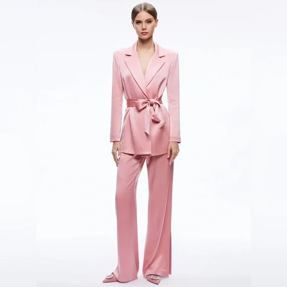NWT $595 Alice + Olivia Karley Tie Belt Wrap Satin Blazer Coat - Picture 4 of 8